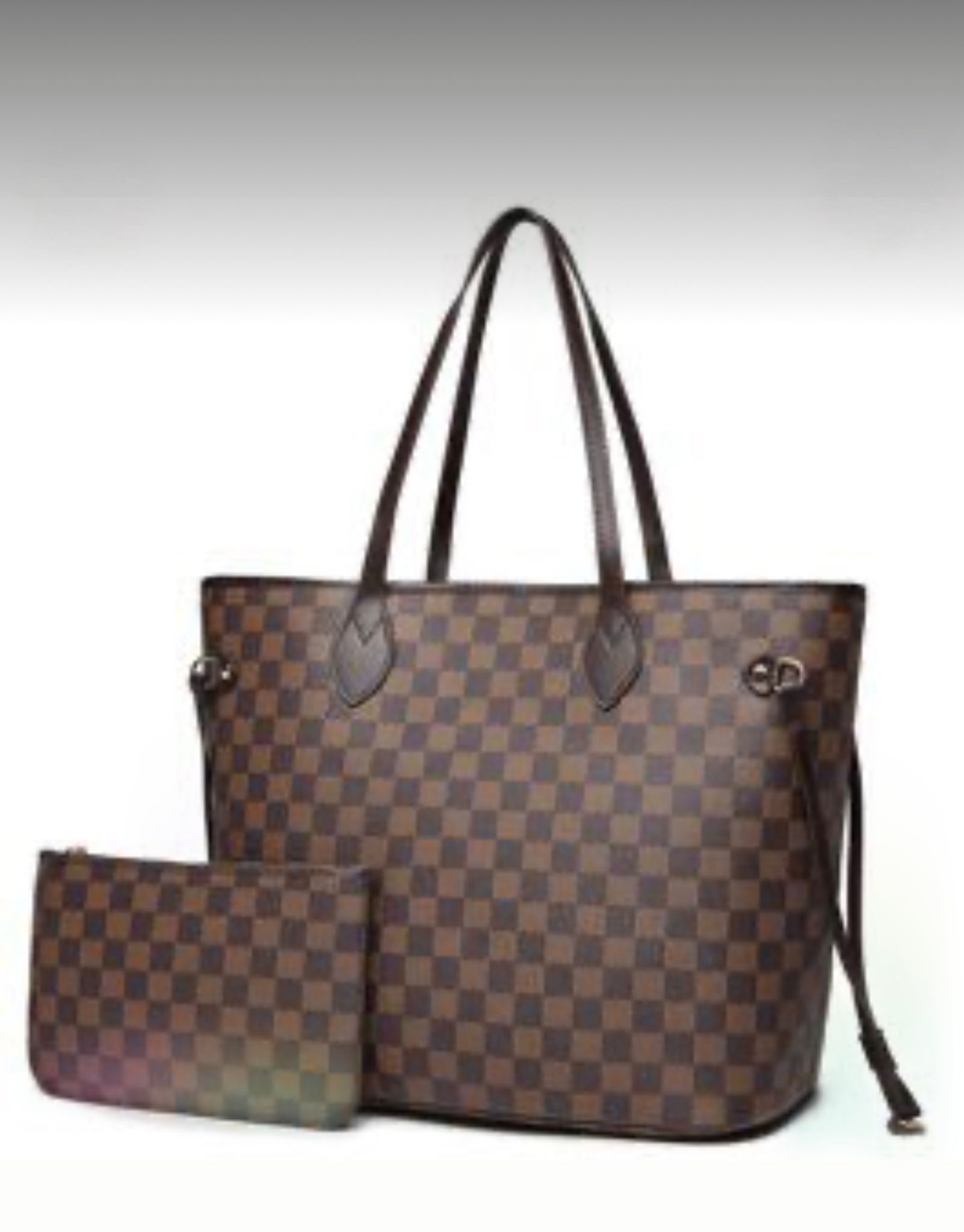 NEW!! Gorgeous & classic — brown checkered tote with matching pouch!