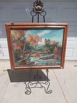 Large vintage forest field stream signed oil on canvas landscape paintimg with repairs