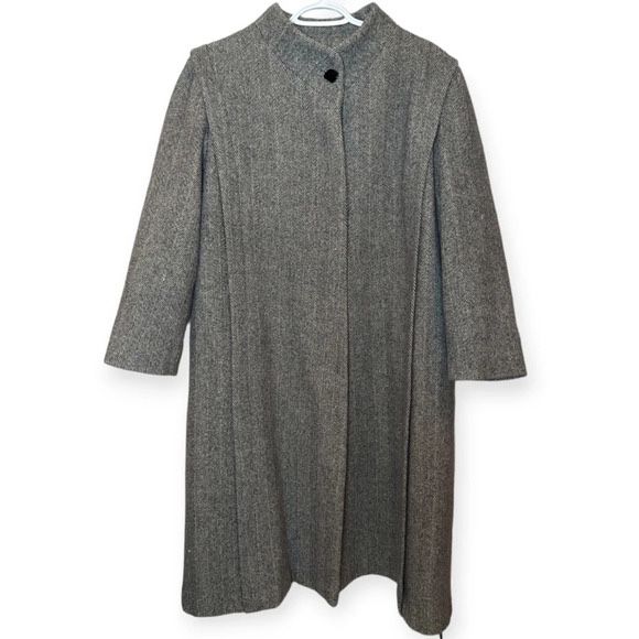 Vintage Wool Black White Herringbone Long Trench Coat Jacket