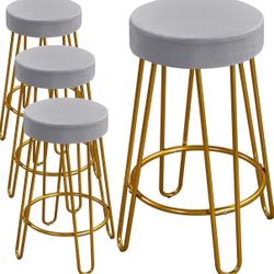  Set of 4, Velvet Round Counter Stools, Backless Counter Height Bar Chairs with Golden Legs for Kitchen Dining Room Pub Cafe, Gray