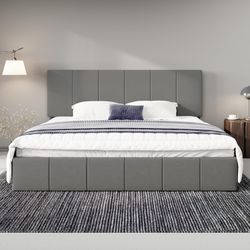 King Size Dutch Velvet Upholstered Platform Bed Frame/Vertical Channel Tufted Adjustable Headboard/Low Profile Bed Frame/No Box Spring Needed/Easy Ass