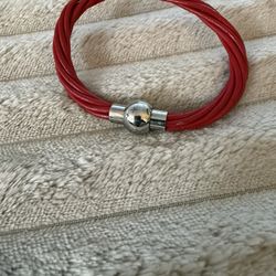 Red Leather And Silver Magnetic Bracelet 