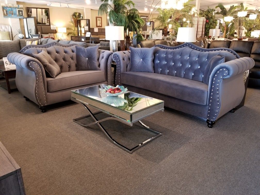 Brand new grey velvet modern sofa + loveseat + mirrorred coffee table