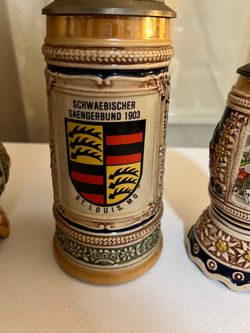 Vintage German Beer Stein w/ Pewter Lid – Tavern Scene Relief Stein – Made in Germany