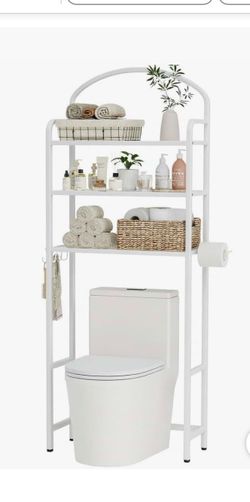 3 Tier Over The Toilet Storage Rack, Bathroom Organizer | Toilet Storage with 4 Hooks & Paper Holder,