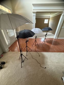 Photo studio, lighting umbrellas