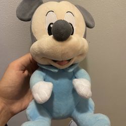 Disney BABIES Pastel BLUE Plush MICKEY Mouse VELOUR Gray 10" Stuffed TOY Sitting