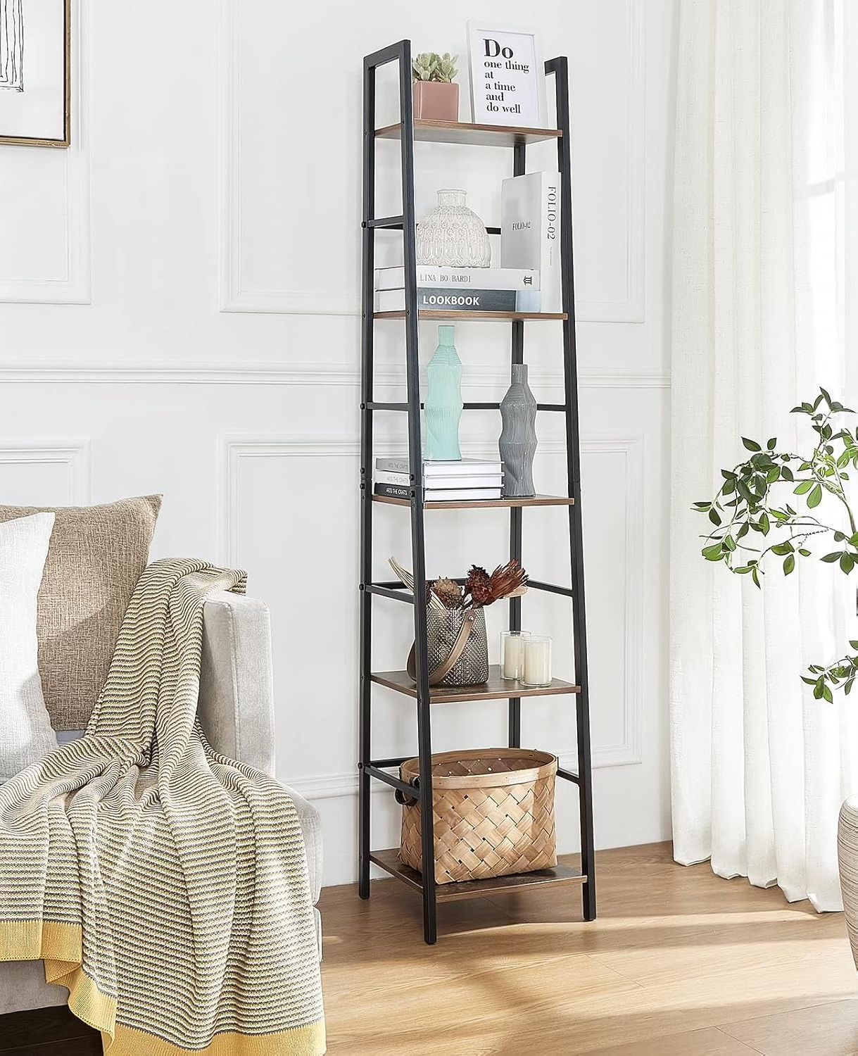 Pshelfy Bookshelf, 5-Tier Narrow Ladder Shelf Bookcase with Metal Frame, Tall Skinny Shelf for Living Room Kitchen