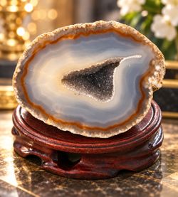 Natural Agate Geode 497g / 1.10 lbs / 17.5oz Druzy Quartz Crystal w/ Wood Stand
