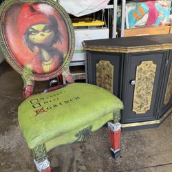 Hand Painted Furniture Checkered Console Table With Door And Shelf Grinch Chair 