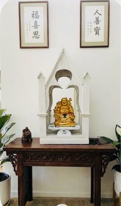 Feng Shui-positive Energy-wealth-happiness-3 pcs-wood shrine-stand-happy Buddha