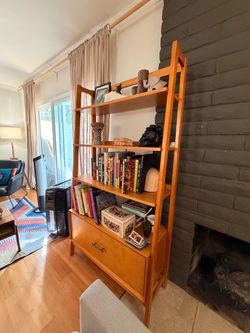 Mid-Century Modern Wood Ladder Bookcase with Drawer