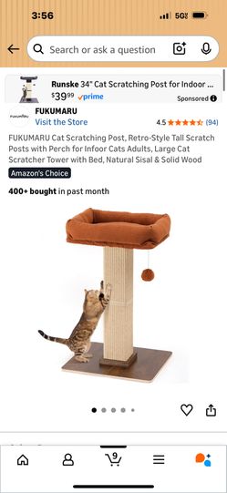 FUKUMARU Cat Scratching Post, Retro-Style Tall Scratch Posts with Perch for Infoor Cats Adults, Large Cat Scratcher Tower with Bed,