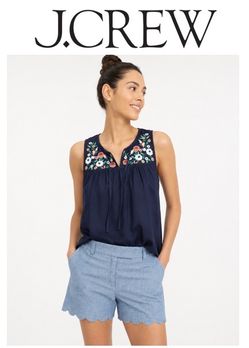 J. Crew Navy Linen/Cotton Embroidered Floral Yoke Tie Sleeveless Top Size M
