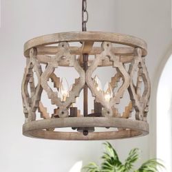 Rustic Farmhouse Drum Chandelier – Wood & Bronze 4 Light Pendant