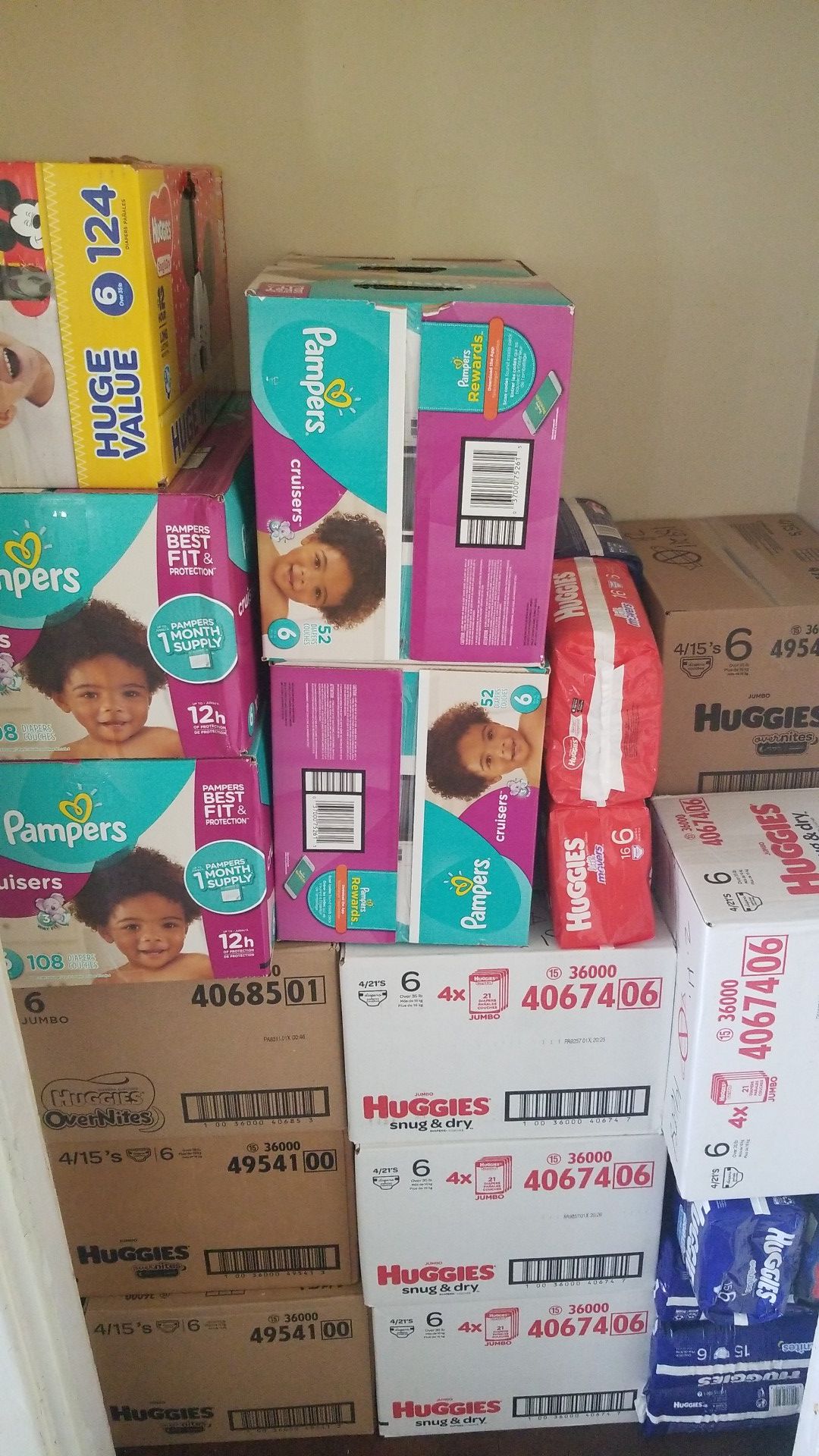 Price is in the pictures! Huggies and pampers brand diapers and pull ups. Over nights as well and chuck or pee pads.