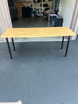 Oak Wood Top Desk with Black Metal Legs