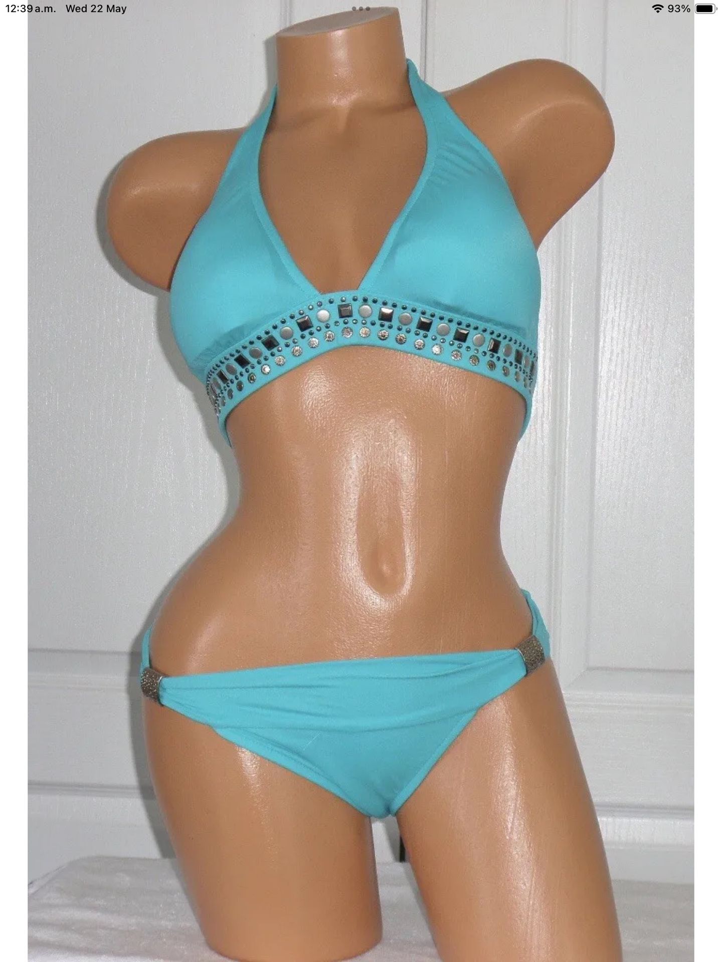 NWOT VENUS AQUA REEF EMBELLISHED HALTER TOP & GODDESS LOW RISE BOTTOM