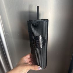 NEW Starbucks Black Ribbed Textured 24oz Tumbler w Straw