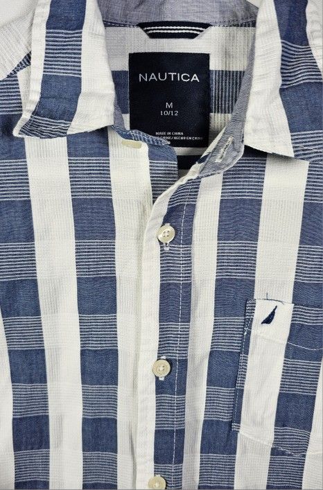NEW NAUTICA CLASSIC FIT BUFFALO PLAID LONG SLEEVE FLANNEL SHIRT BLUE /WHITE - BOYS 10/12 SMALL.