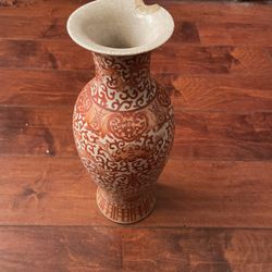 Antique Chinese Iron Red Lotus & Shou Vase 13.5” China Mark Rim Chips