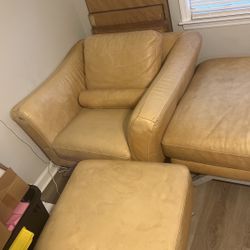 Leather Light Yellow Ottoman & Chaise  Price Negotiable 