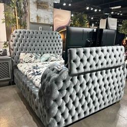 King Queen size bed frame with TV Mount Gray Velvet