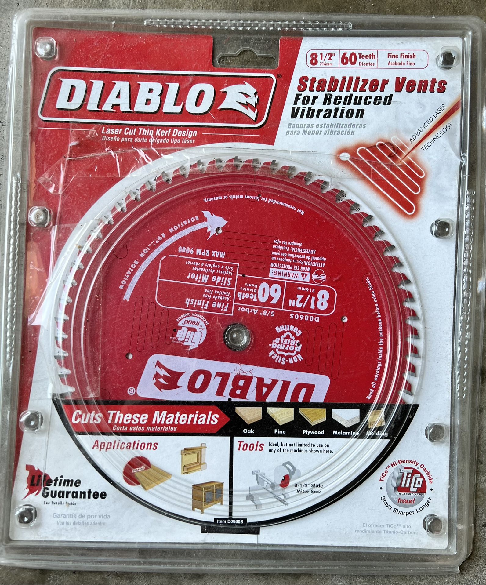 Freud D0860S Diablo 8-1/2" 60T Fine Finish Miter Saw Blade with 5/8" Arbor