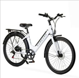 Concord 27.5" Step-Thru Electric Commuter Bike, 36V Class 2, Aluminum, Weighs 49 Pounds, White. Fits Riders 5'1" - 6'1" Adult, Unisex