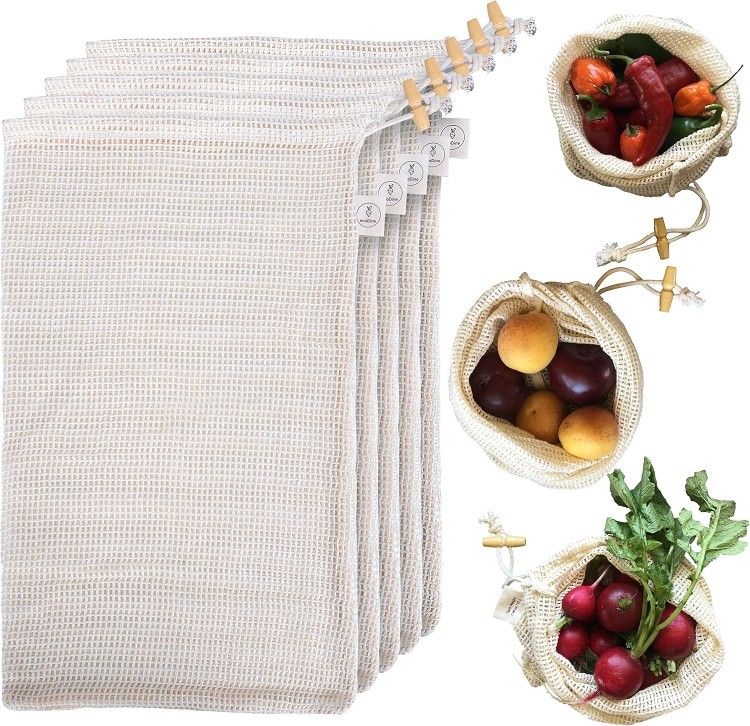 Organic Cotton Mesh Produce Bags - Reusable Produce Bags - Washable Vegetable Bags for Refrigerator - Grocery & Storage Bags - Set of 5 Large Bags