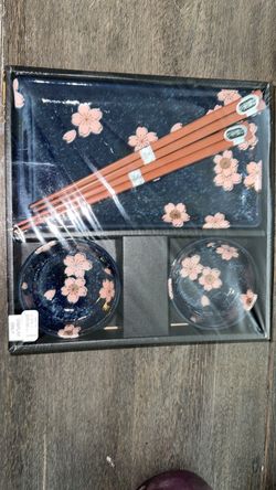 Japanese Style Ceramic Sushi Set for 2 - Navy Blue & Pink Cherry Blossom (New)