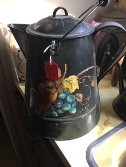 Tin ware Kettle Hand Painted vintage