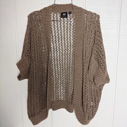 Amber Sun XL Open Knit Crochet Cardigan Brown Boho Kimono Sleeve Lightweight