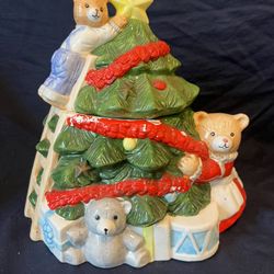 Vintage OCI Omnibus Fitz & Floyd Christmas Tree Cookie Jar Bears