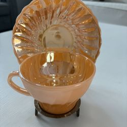 Rare! Vintage Fire King Peach Luster Swirl Teacup & Saucer