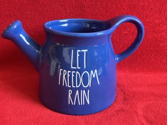 Rae Dunn Let Freedom Rain CERAMIC Watering Can BLUE ‼️ See HUGE Collection Of RARE - VINTAGE & Brand NEW DESIGNER Items Here ....