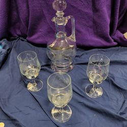 Vintage Crystal Decanter And 3 Matching Glasses