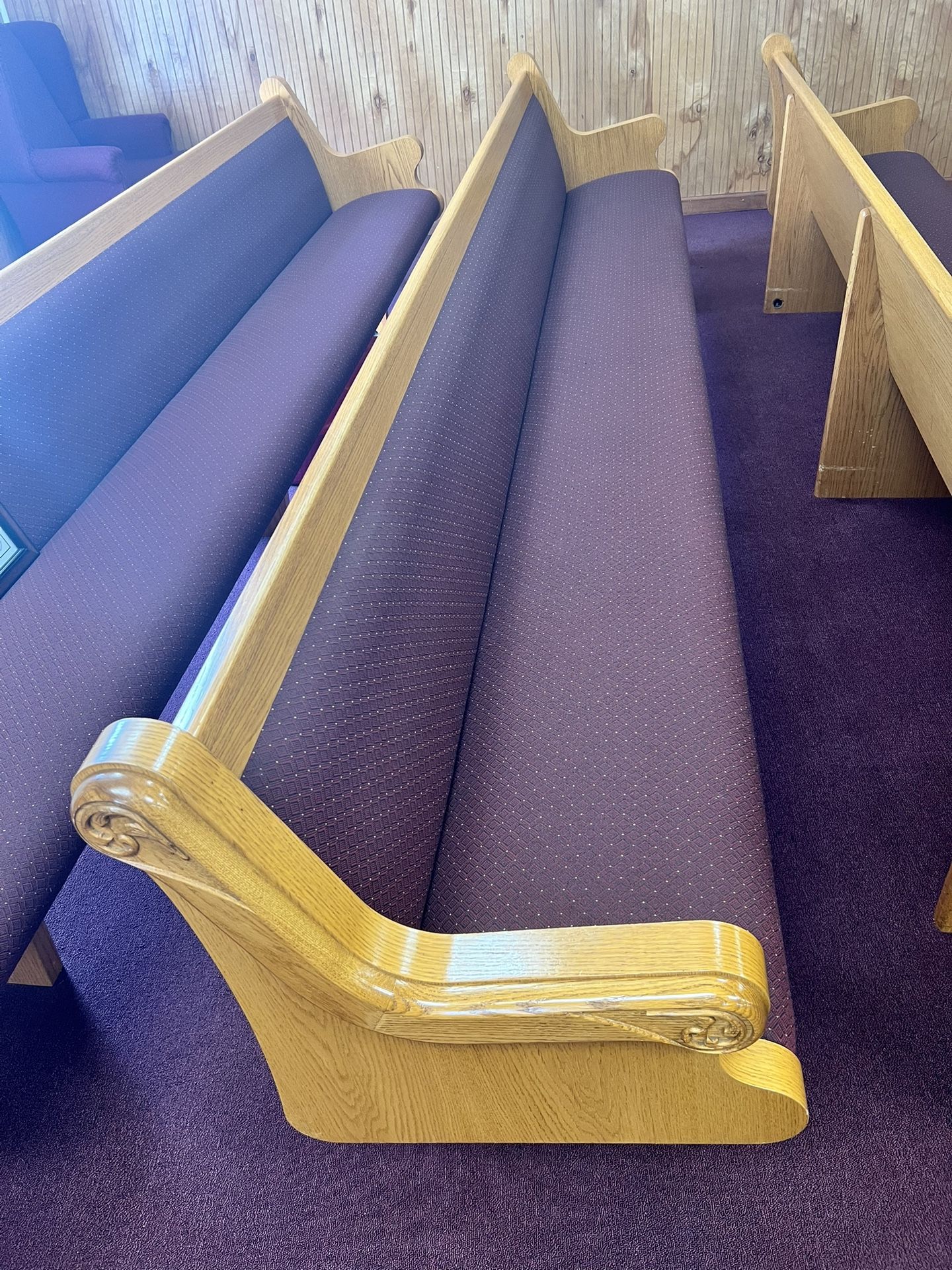 Church Pews (18 Avail) β Solid Oak w/ Burgundy Cushions | Pickup Only