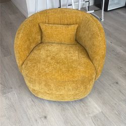  Swivel Barrel Chair, No Assembly Round Boucle Upholstered Accent Chair Armchair Single Sofa Chair with Toss Pillow for Living Room and Bedroom, yello