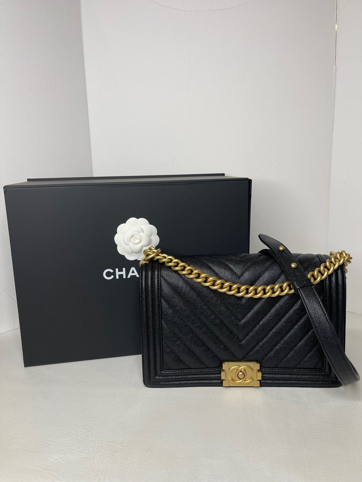 Authentic Chanel Large Boy Bag Black Chevron Caviar/ Ghw Leather Crossbody Shoulder Bag❌SOLD❌