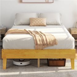 Wood Bed Frame, Wooden Platform Bed Frame w/Plywood Slats, Wood Mattress Foundation, Bed Frame with Sturdy Slat Support, Without Headboard, No Box Spr