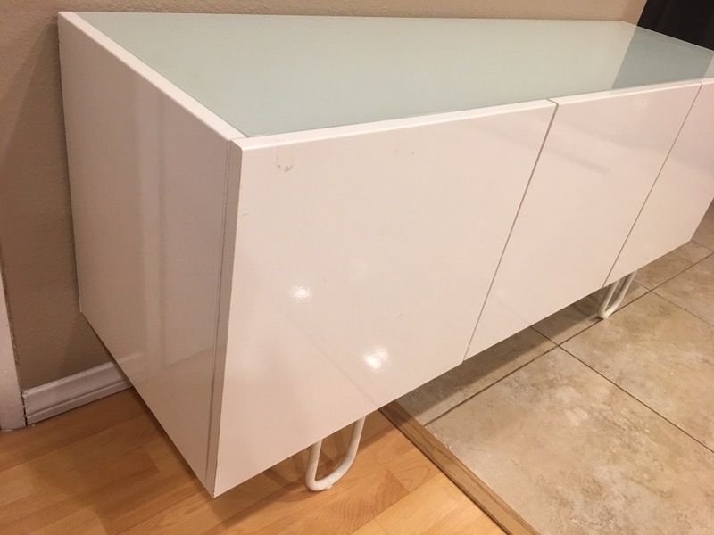IKEA Finnby 16684 White Gloss Glass Top TV Stand Credenza Side Table 3