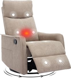 Swivel Rocker Recliner Chair, 360° Swivel Recliner with Heat and Massage, Rocker Recliner Nursery Glider Chair with Side Pockets for Living Room (Khak