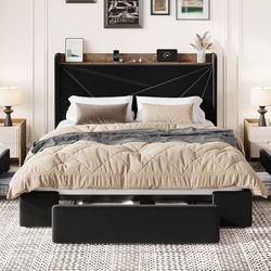 Queen Size Bed Frame, Storage Headboard with Drawers, Charging, Black Velvet Upholstered Bed, Modern Wingback Headboard, 3 Drawers, USB Charging Stati