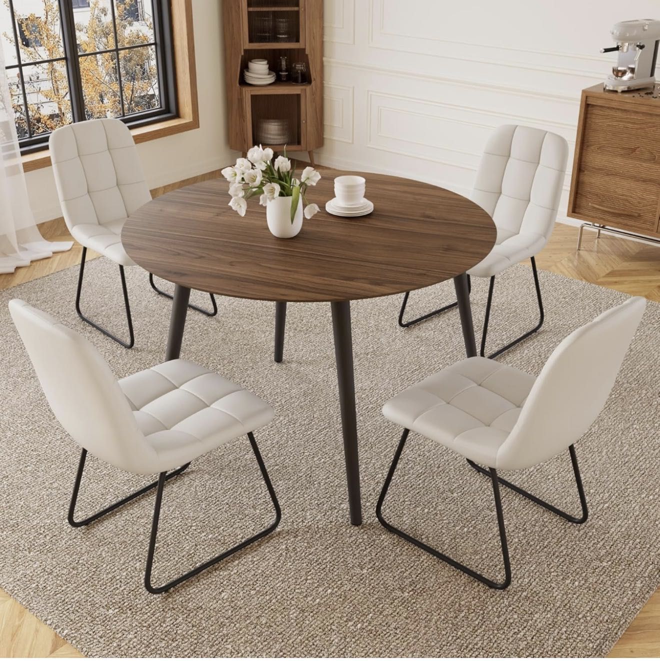 43.3 Inch Round Dining Table Set for 4, Modern Small Kitchen Coffee Set for Dining Room Kitchen Apartment (Walnut Table+4 U-Shaped White Chairs)JA7394