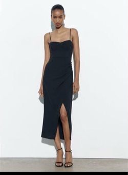 Zara Black Slip Dress Sweetheart Neck Midi Fitted Side Slit Strappy S
