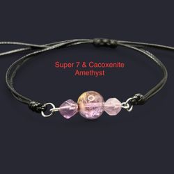 Super 7 & Cacoxenite Amethyst Genuine Stone  Adjustable Wax Cord Bracelet