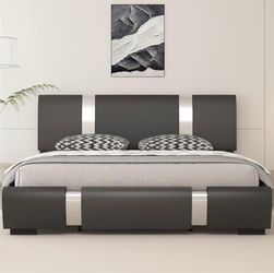 Modern Gray Upholstered Platform Bed Frame