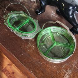 2 Uranium Glass Relish Dishes With Holders