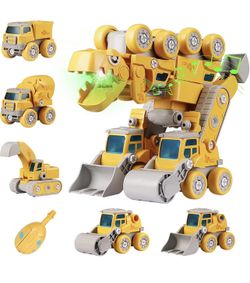 Dinosaur Toys for Kids 3-5 - 5-in-1 Take Apart Construction Vehicles Kids Toys Transform into STEM Building Dinosaur Toys Gifts for 5+ Years Old Boys